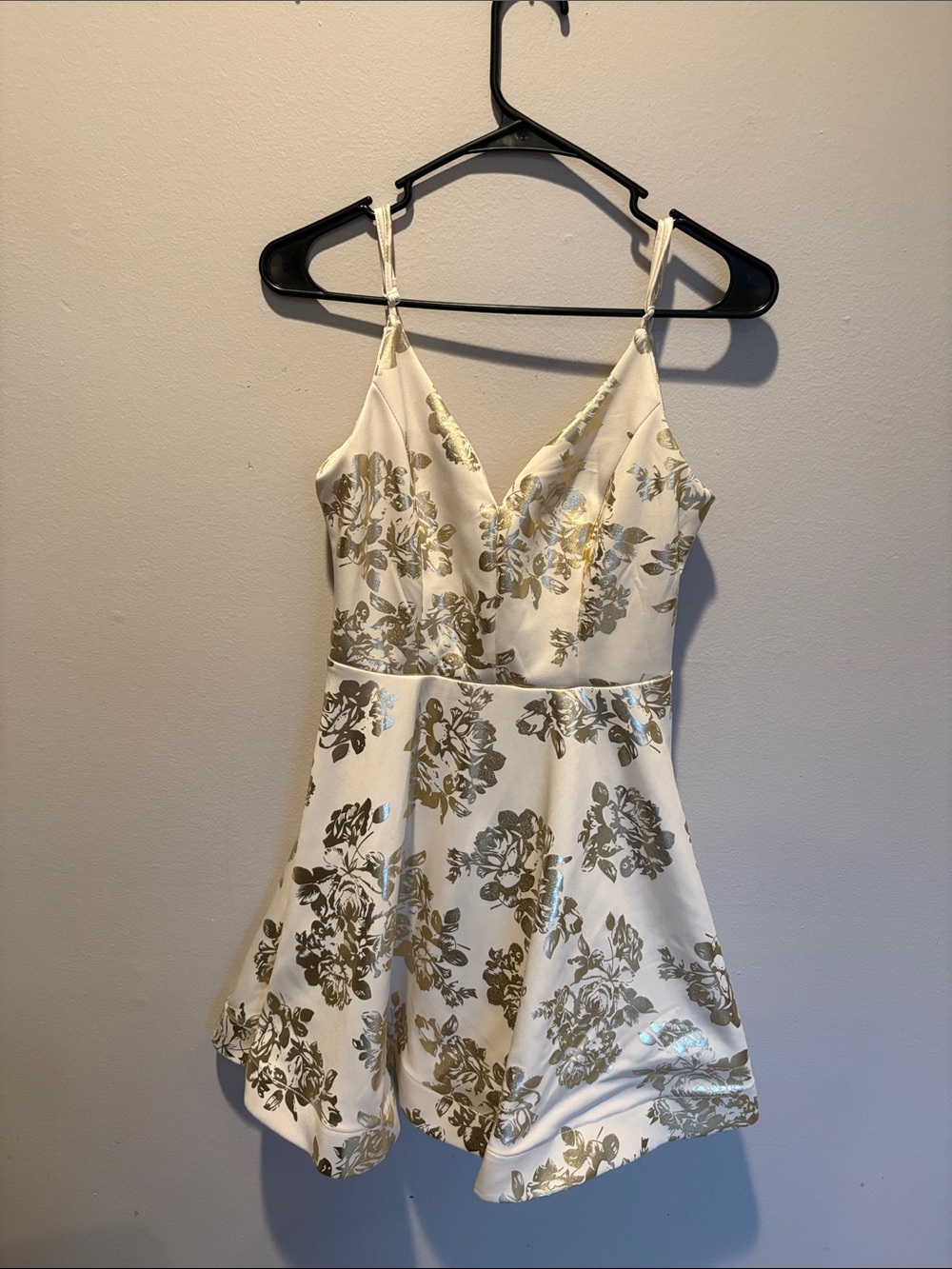 Gold Foil Floral Satin V-Neck mini Dress in Ivory
